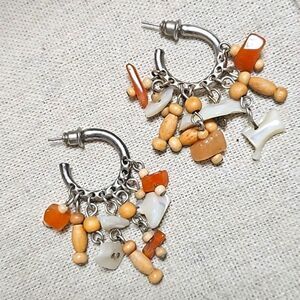 Vintage Handmade Silver Hoop Earrings Shell Amber Boho Dangle Earrings